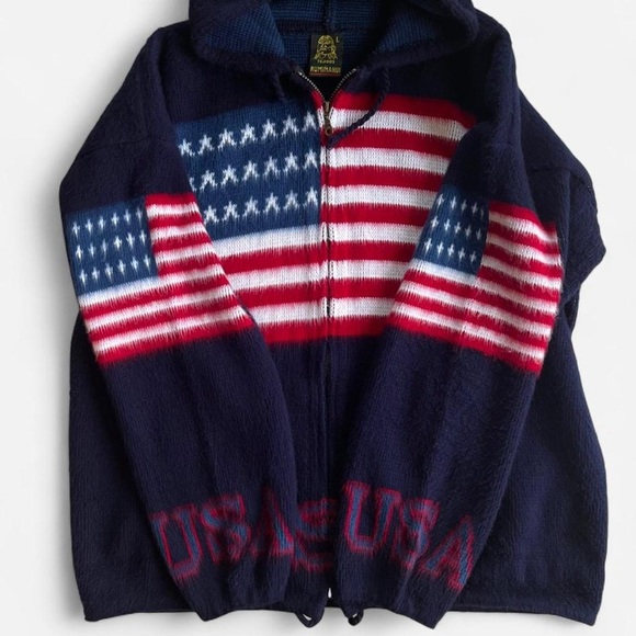 Tejidos Ruminahui Ecuadorian Navy Blue Wool USA American Flag Hoodie Jacket - Picture 4 of 6